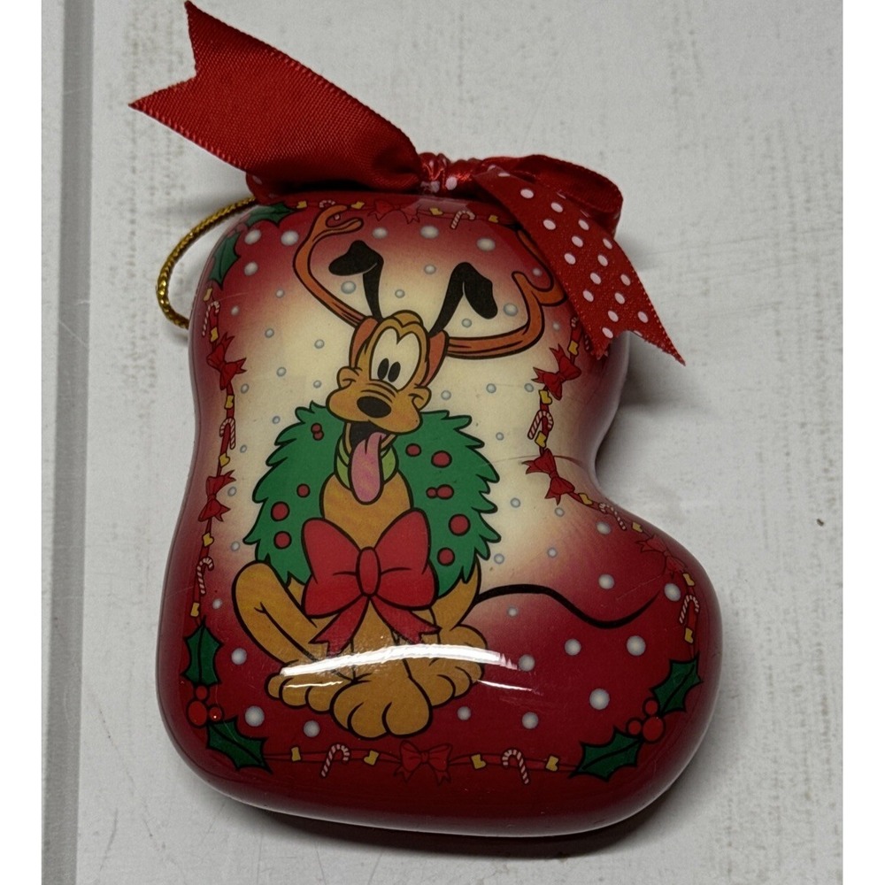 Disney Pluto Christmas Ornament 4" Decoupage Stocking Shaped Polkadot Bow
